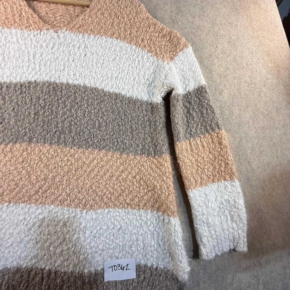 Davi & Dani Womens Popcorn Knit Striped V-Neck Sweater Neutral Tan Grey Cream M - Picture 4 of 7
